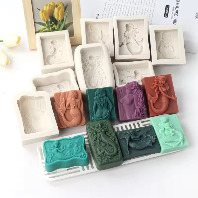 Candle Making Supplies Kit - 長方形オーシャンスタイル3DマーメイドキャンドルモールドDIYレリーフマーメイドソープシリコンモールド手作りチョコレートアイスキューブ作成ツールデコレーション