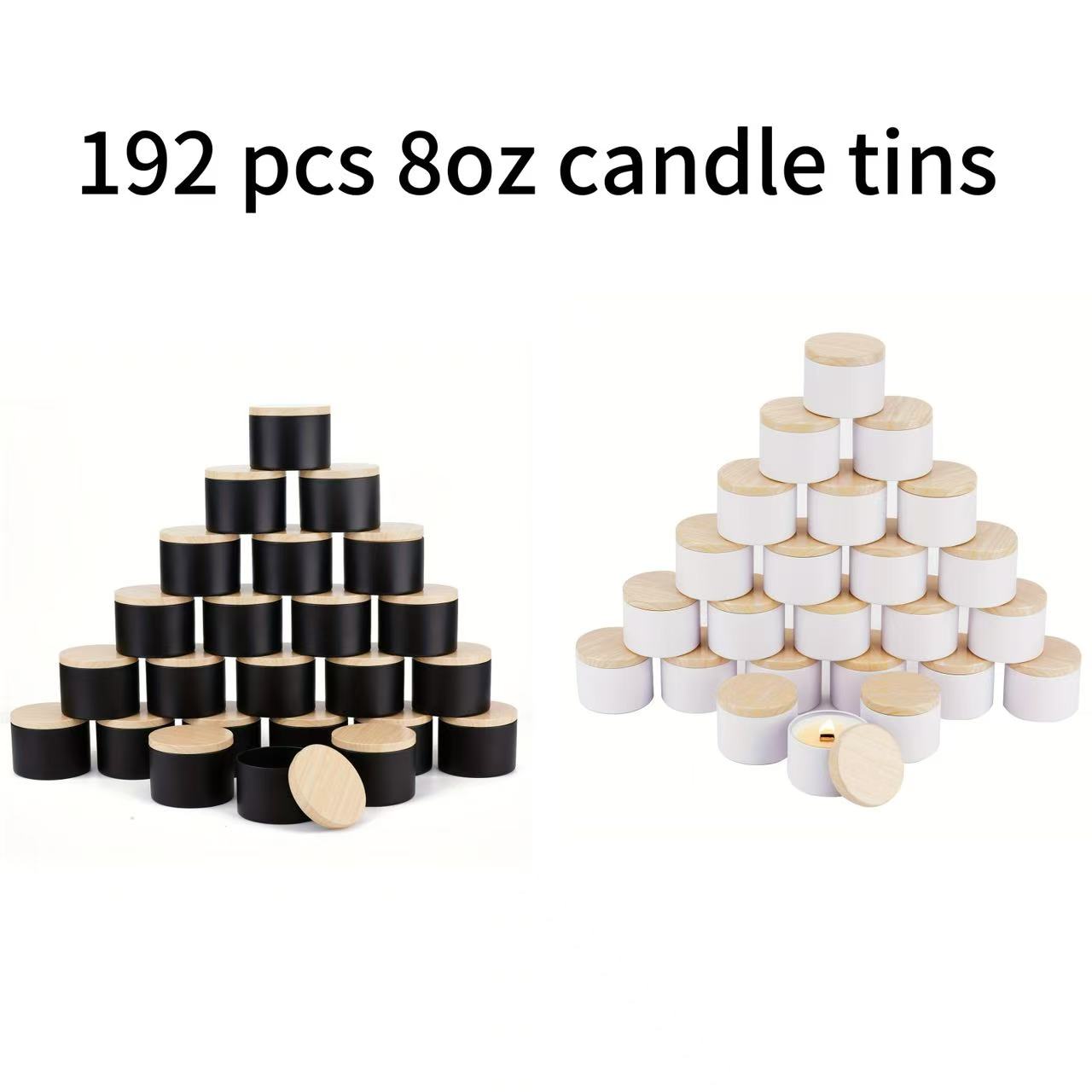 Candle Vessel Supplies - ふた付きのマットな黒と白のキャンドルジャー、空の金属容器、丸い型の容器、キャンドル作り用品、192個、8オンス