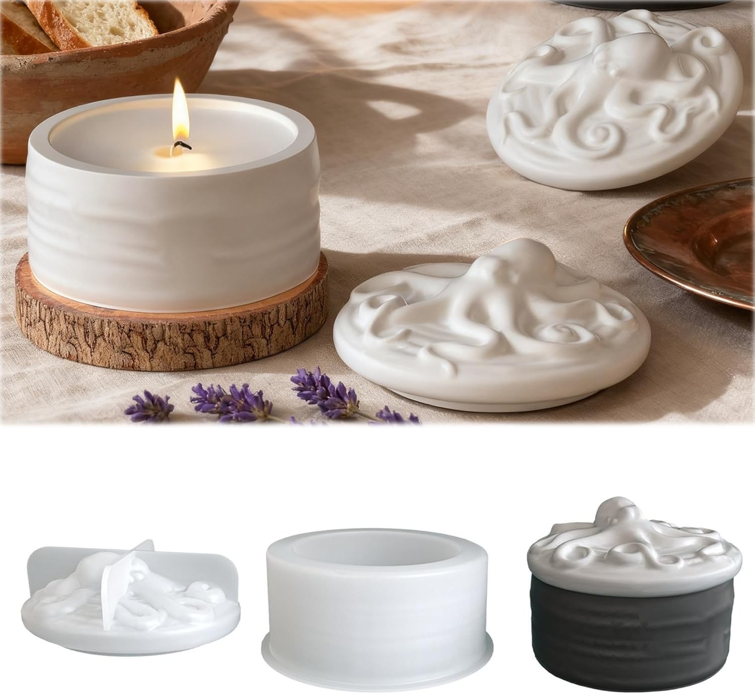 Candle Vessel Supplies - タコ型蓋付きキャンドルジャー用シリコンモールドセット、波模様円筒収納ボックス型、3Dタコ型カバー付きDIYコンクリートセメント樹脂キャンドル容器作成用モールド、ハロウィンホームデコレーションオーシャンスタイルクラフト鋳造モールド用品